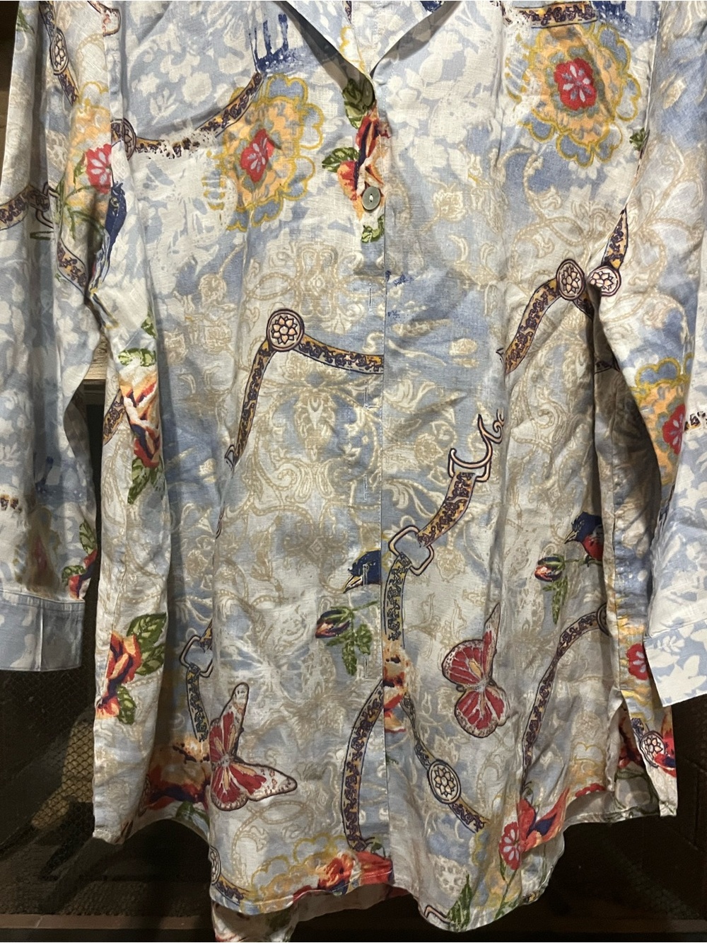 John Mark Linen Butterfly Floral Tunic Blouse Size L - Picture 3 of 7